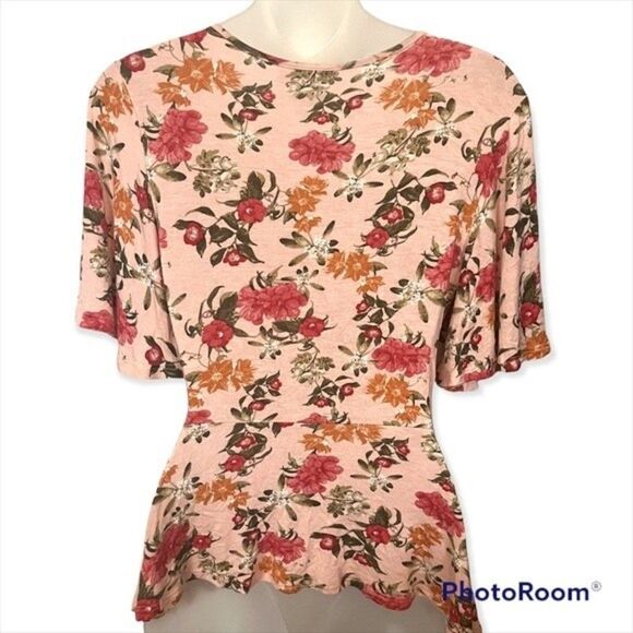 Good Luck Gem Women's Pink Floral Peplum Wrap Top Size Small - Picture 2 of 6